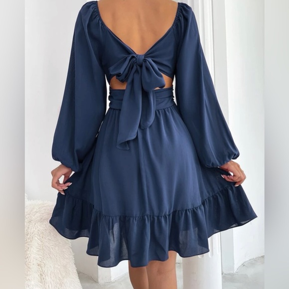 SHEIN Frenchy Knot Back Lantern Sleeve Ruffle Hem Dress - Picture 2 of 6